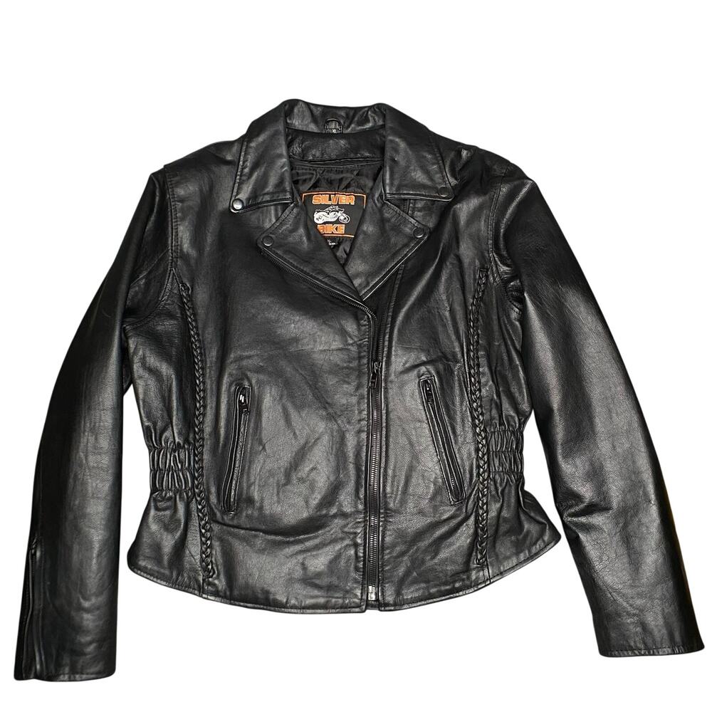 Silver Bike Genuine Leather Moto Jacket Women Sz XL Black Braiding - Picture 2 of 15